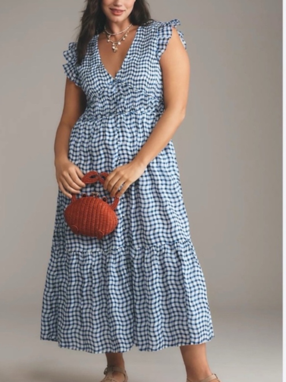 Anthropologie The Peregrine Midi Dress in blue gingham 100% cotton